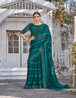 rama full embroidery worked satin silk and organza silk saree with designer heavy blouse  fabric embroidery  work wedding 