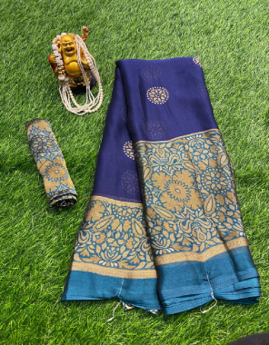 navy blue printed chiffon silk saree with unstitched blouse fabric printed  work ethnic 