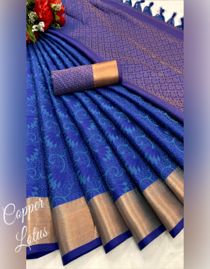 navy blue fabric - pure mercerised copper silk | saree - 5.5 mtr | blouse - 0.80 mtr | contrast matching blouse with contrast pallu fabric printed  work ethnic 