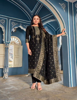 black top - 100% pure viscose dola jacquard with exclusive swarovski work (3.10 mtrs apx) | dupatta - 100% pure viscose dola box pallu jacquard (2.30 mtrs apx) | bottom - 100% pure heavy viscose santoon (3 mtrs apx)  fabric embroidery  work ethnic 