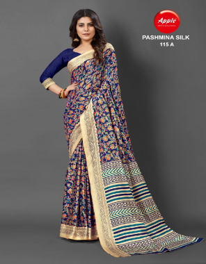 navy blue pashmina silk saree fabric printed  work wedding 