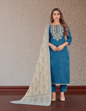 sky blue top - pure cotton satin print with embroidery work | dupatta - kashmiri cotton jacquard | bottom - pure fine cotton dyed  fabric embroidery work festive 