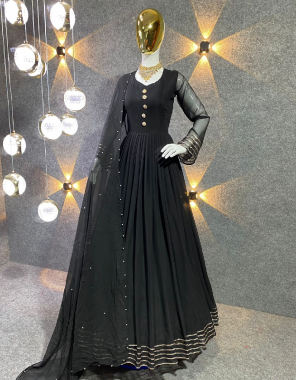 black gown - fox georgette with button work with four side fancy less sleeves| inner - micro cotton | size - up to 42 xl free size (fully stitched) | length - 55 inch | flair - 3.70 mtr | dupatta - fox georgette with moti fancy work | length - 2.40 mtr  fabric embroidery  work festive 