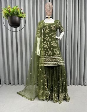 dark green top - faux georgette with inner | work - threrad with sequence work | size - up to 42(full stitched)|sharara - georgette with inner | work - thread with sequence work | size - free (full stitched with elastic ) | dupatta - soft net | sequence work | 2.2 mtrs  fabric sequence  work festive 