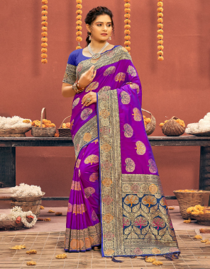 purple banarasi silk saree  fabric printed  work wedding 
