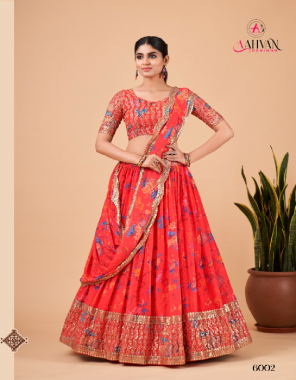 red lehenga - faux georgette | blouse - faux georgette | dupatta - faux georgette | lehenga flair - 4 mtr | size - semi stitched (upto 44 bust & waist) fabric embroidery  work wedding 