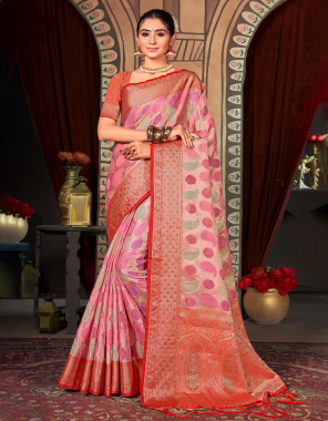 pink  organza saree fabric printed  work ethnic 