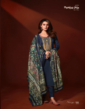 navy blue top - pure viscose jam satin with heavy embroidery on shirt | bottom - pure lawn dyed | dupatta - pure lawn cotton box pallu print digital print  fabric embroidery  work wedding 