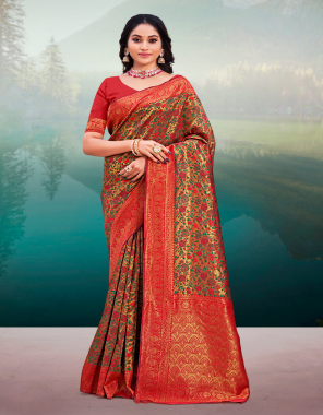 red banarasi silk saree  fabric printed  work ethnic 