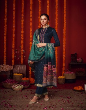 navy blue top - pure jam satin with foil print  f + b + s with foil lace in daman & sleevs with elegant embrodiery | bottom - pure cotton dyed with foil lace | dupatta - pure lawn box print digital with gold border weaving  fabric weaving work festive 