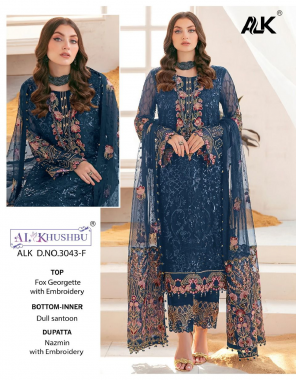 sky blue top - fox georgette with embroidery | bottom / inner - dull santoon | dupatta - nazmin with embroidery (pakistani copy) fabric embroidery  work wedding 