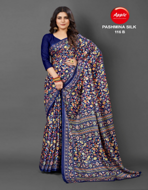 navy blue pashmina silk saree fabric printed  work ethnic 