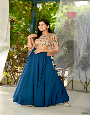navy blue fabric - faux blooming | length - 42 inch | waist - 42 inch | flair - 8.5 mtr | inner - cotton (full inner top to bottom) | blouse - full stitched | designer no 200001 - sequence crochet with digital print work | designe no 200002 - faux georgette with sequence embroidery work | sleeves - sleeveless | closure - backside hook attached | koti - full  stitched | fabric & work design no 200001 - sequence crochet with rich digital print | design no 200002 - chinon with position print with sequins work | sleeves - 3/4 sleeves  fabric embridery  work wedding  
