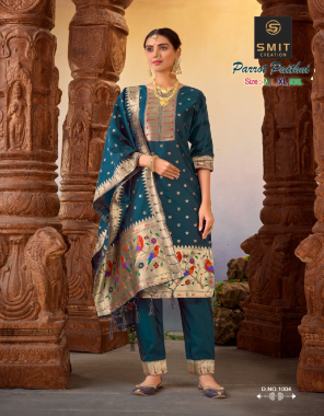 rama top - pure tapeta silk with paithani pattern | bottom - pure tapeta pant with border less | dupatta - pure tapeta with pallu border lace | length - 45