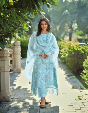 sky blue top - pure jam cotton with fancy embroidery work with digital print | bottom - pure cotton solid | dupatta - pure viscose organza with embroidery  fabric embroidery  work wedding 