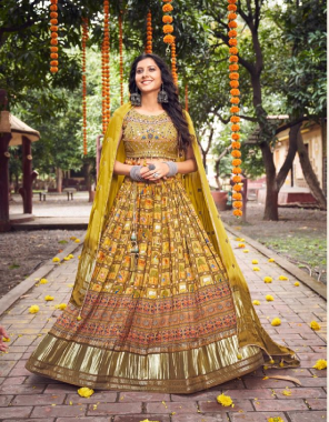 yellow pure gaji satin fabric with tassles | blouse - readymade 38 size margin with 2 inch margin both side | with handwork blouse | it can be alter upto 42 size | lehenga also stitch with 42 waist  fabric embroidery  work festive 