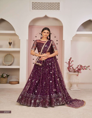 wine blosue / inner - mono net with all over embroidery and american crepe inner with cancan canvas | lehenga - mono net with all over thread work and sandwich sequence work embroidery | dupatta - mono net with all over thread & sequence work embroidery | all over tone to tone threrad work and sandwich sequence work embroidery with readymade fancy lace  fabric embroidery  work wedding 