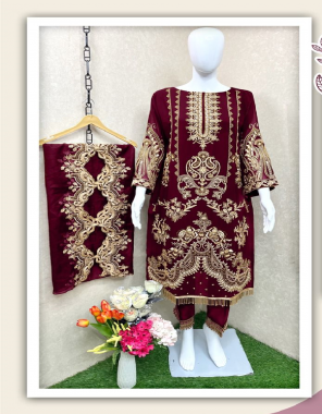 maroon top - fox georgette with inner (santoon) | bottom - stertchable cotton | dupatta - organza with embroidery  fabric embroidery  work wedding 