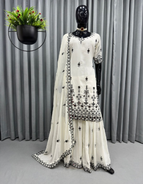 white top - faux georgette | embroidery with 9mm sequence | inner - crepe |stitching type - upto 44 fullstitch with elastic |front and back both side work | sharara - faux georgette |full stitch upto 44 with elastic |work - embroidery with 9mm sequence | dupatta - faux georgette |work - embroidery with 9mm sequence (2.20 mtr ) fabric embroidery  work wedding 