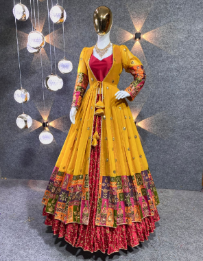 yellow koti - faux georgette with 5mm embroidery sequence work with full sleeve | koti size - upto 42 xl free size (fully stitched )| koti length - 45 - 46inches | lehenga fabric - malay silk (full stitched upto 42 and margin 44 size) | lehenga - malay silk with 5mm embroidery sequence work |lehenga length - 42 inches | lehenga flair - 3 mtr | gown inner - micro cotton  fabric embroidery  work wedding 
