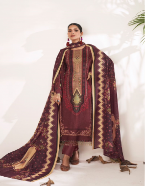 maroon top - pure jam satin digital print with embroidery work | bottom - pure lawn dyed | dupatta - pure lawn cotton digital print  fabric printed  work wedding 