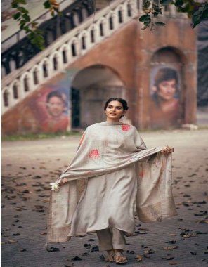 cream pure mulbery muslin silk with fancy work and sleeves work |bottom - pure jam silk solid | dupatta - pure fine silk woven with digital print with tassels  fabric embroidery  work wedding 
