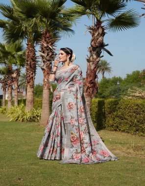 grey cotton silk floral digital print saree with blouse piece | jacquard border  fabric printed  work wedding 