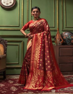 red banrasi silk blend  fabric printed  work festive 