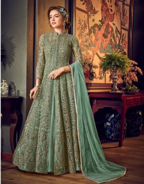 pista top - heavy net heavy sequence coding work stone | sleeves - heavy net with coding work stone | inner - heavy satin | bottom - satin | dupatta - net | length - max up to - 52+ | size - max up to 44+ | flair - 3.80 mtr | type - semi stitched (material) (master copy) fabric embroidery  work festive 