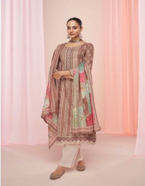 brown top - pure jam satin digital print with embroidery work neck & daman embroidery | bottom - pure lawn dyed | dupatta - pure lawn cotton dupatta box pallu print digital print  fabric embroidery  work festive 