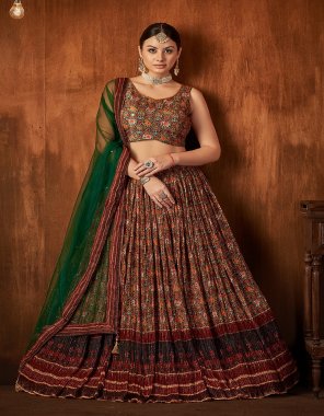 brown lehenga - heavy georgette | blouse - russian silk | dupatta - net with border | lehenga work - digital print with crohet sequence work | blouse work - designer handwork with cut dana and sequence | dupatta work - sequence handwork with designer latkan | lehenga fair - 3.5 meter | choli length - 14 inch | type - full stitched | sleeves are attach in the choli  fabric embroidery  work ethnic 