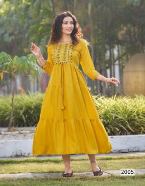 yellow fabric - dobby viscose | type - long anarkali with stylish embroidery work | length - 52 fabric embroidery  work ethnic 