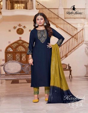 navy blue top - pure rayon weaving with heavy embroidery mirror work | bottom - cotton slub lycra with embroidery work | dupatta - pure chanderi viscose with mirror work  fabric embroidery  work wedding 
