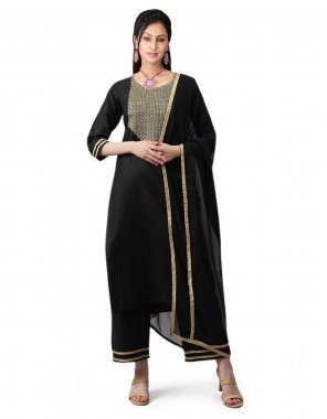 black kurti - slub cotton with embroidered work | bottom - slub cotton | dupatta - nazmeen with four sided lace (2.10 mtr) | length - 42 inch  fabric embroidery  work ethnic 