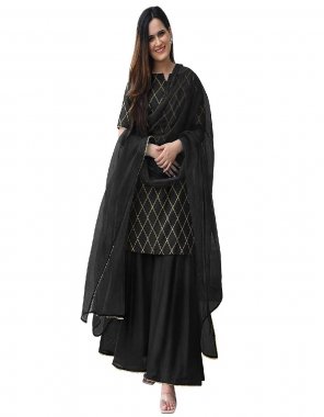 black kurti - rayon | sharara rayon | dupatta - net with four sided lace (2.20 mtr) fabric printed  work ethnic 