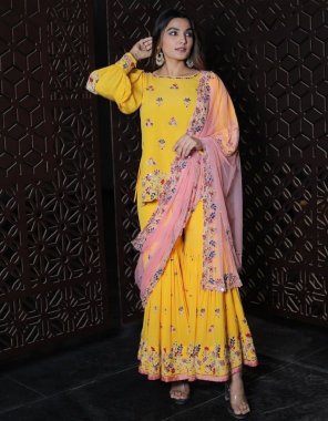 yellow top - georgette with inner | work - thread with sequence work (and real mirror)| size - upto 42 (full stitched) | sharara - georgette with inner | work - thread with sequence work (and real mirror ) | size - free(with elastic) | dupatta - soft net | work - thread with sequence work (and real mirror) | size - 2m fabric sequence  work wedding 