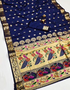 navy blue heavy weaving worked paithani silk saree with unstitched blouse  fabric printed  work wedding 