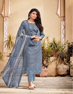 sky  top - cambric cotton printed with borring embroidery cut work (2.50 mtr) | bottom - cotton dyed | dupatta - pure bamber chiffon printed  fabric printed  work ethnic 