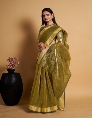 mahendi organza chex silk saree with unstitched blouse  fabric printed  work wedding 