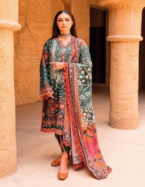 dark green  top - pure cotton with self embroidery | bottom - cotton solid | dupatta - cotton mal mal print (pakistani copy) fabric embroidery  work festive  