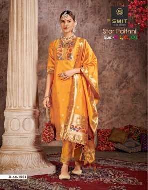 yellow top - pure tapela silk with paithani pattern | bottom - pure tapeta pant with border lace | dupatta - pure tapeta with pallu border lace | length - 45