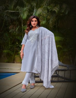 sky  top - pure cotton with embroidery and hand work & gpo lesh & mall cotton inner | bottom - pure cotton with embroidery & gpo lesh with pocket | dupatta - mal cotton viving work sequence & border lace | length - 46