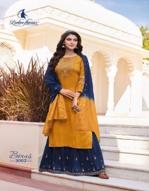 yellow top - chinon fancy weaving sequence with heavy embroidery work | bottom - chinon slub sharara with heavy embroidery work (3 mtr flair) | dupatta - pure nylon viscose with embroidery sequence work (2.20 cut & 36 panna) fabric embroidery  work festive 