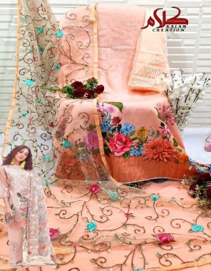 peach top - pure heavy quality material heavy lawn cotton with beautiful print and embroidery work patch | bottom - pure heavy quality material heavy semi lawn with beautiful work | dupatta - pure heavy quality material naznin with beautiful print / net dupatta all over embroidery work  fabric embroidery  work festive 