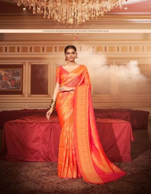 orange handloom weaving silk saree fabric printed  work wedding 