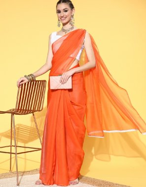 orange organza solid celebrity saree with blouse piece  fabric plain work  work wedding 
