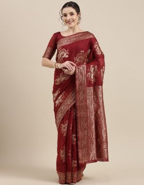 maroon linen woven design woven saree with blouse piece  fabric printed  work ethnic 