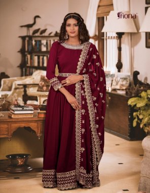 maroon top - real georgette with handwork on neck and belt with embroidery | dupatta - real georgette heavy embroidery dupatta | inner bottom - silk santoon  fabric embroidery  work wedding 