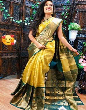 yellow pure handloom pure kanchivaram silk sarees with antique jari | rich pallu with tressal | blouse with border | minakari work | smooth & soft fabric (master copy) fabric printed  work wedding 