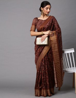 coffee linen blend printed celebrity saree with blouse piece  fabric printed  work ethnic 